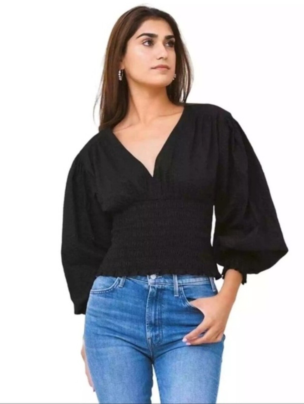 EUC Frame Black V-Neck Smocked-Waist Puffy, Long Sleeve Blouse Large